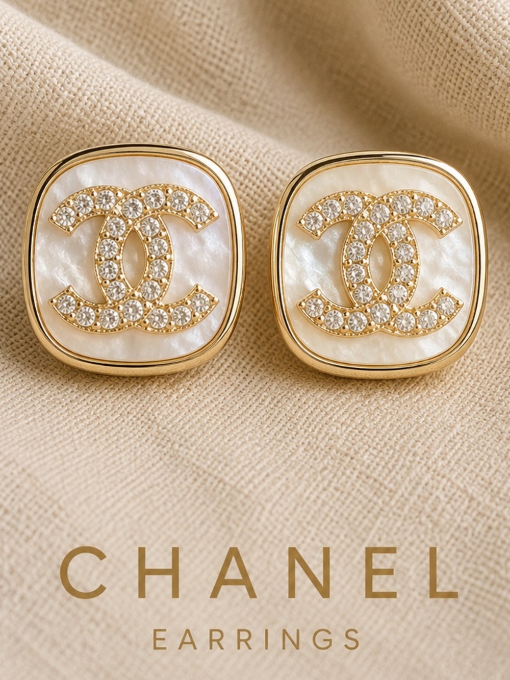CHANEL Gold-Tone White Mother-of-Pearl CC Stud Earrings
